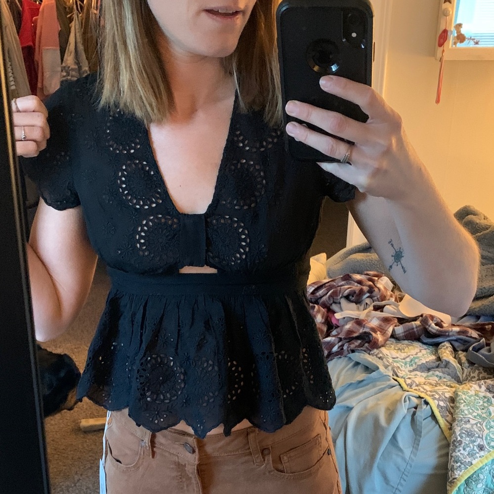 Free People Black Eyelet Peplum Crop Top